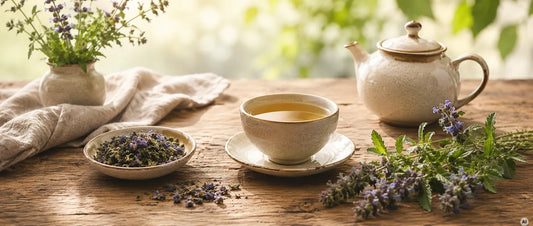 Drachenkopf Pflanze, Teetasse und Teekännchen