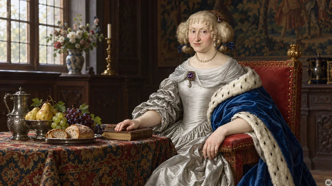 KI-generierte historische Szene mit Elisabeth Sophia von Sachsen-Altenburg (1619–1680). Gesicht und Kleidung orientieren sich an einem Porträt eines unbekannten Malers aus dem 17. Jahrhundert.