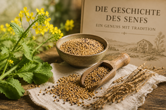 Senfkörner und Pflanze