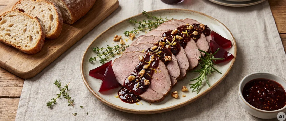 Kalter Wildbraten mit Johannisbeer-Jägersenf-Soße (AI)