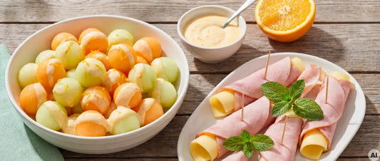 Melonensalat mit Schinken-Käse-Röllchen (AI)