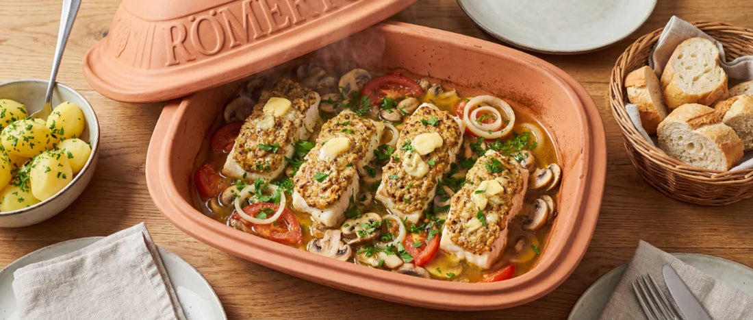 Schellfisch mit Pilzen im Römertopf