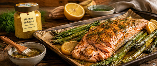 Senf-Dill-Lachs mit grünem Spargel (AI)