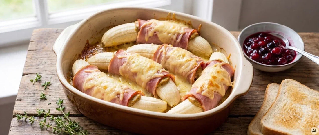 Banane im Senf-Schinken-Mantel