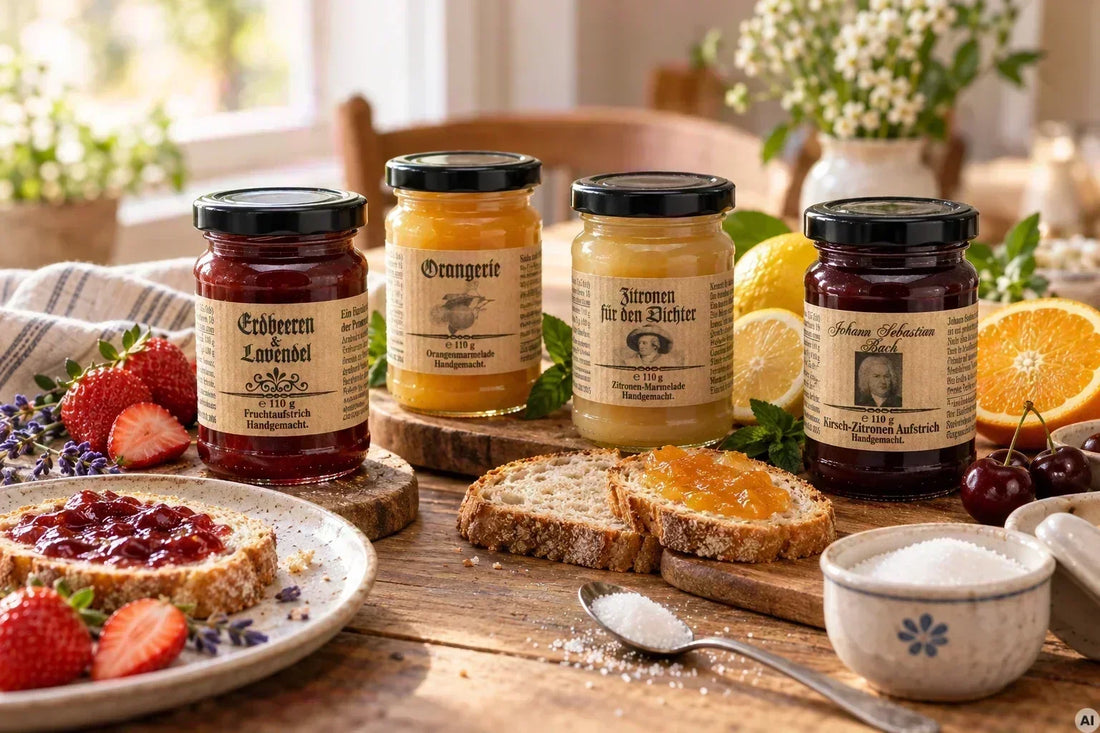 Erdbeeren und Lavendel, Orangerie, Zitronen für den Dichter und Kirsch-Zitronen Aufstrich auf einem Frühstückstisch