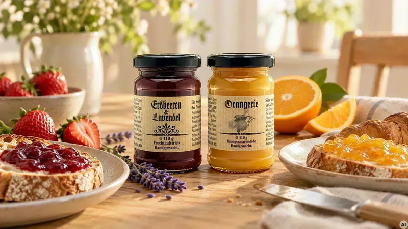 Orangenmarmelade und Erdbeeren+Lavendel Fruchtaufstrich auf einem Frühstückstisch