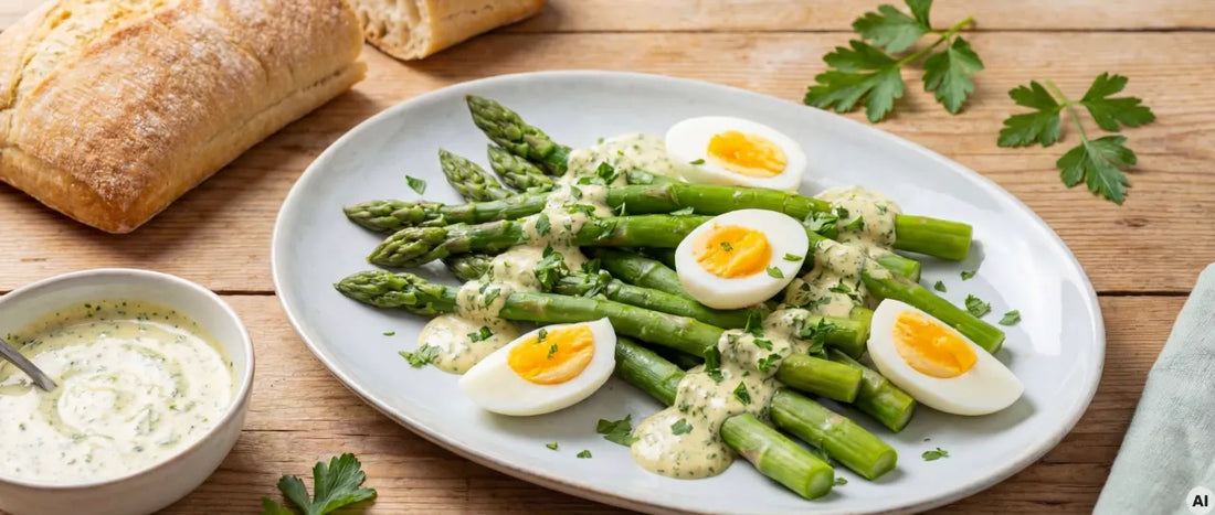 Grüner Spargelsalat, Ei und Kräutersenf-Dressing