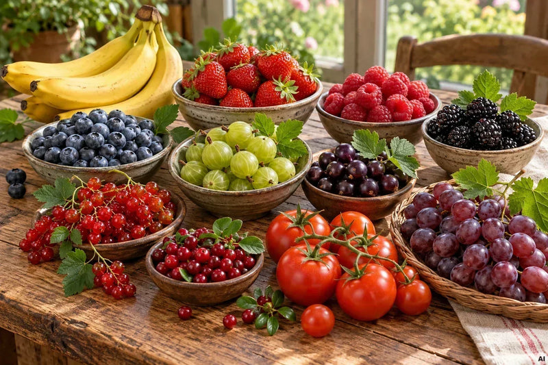 Bananen, Tomaten, Weintrauben, Johannisbeeren, Erdbeeren, Brombeeren, Stachelbeeren, Heidelbeeren