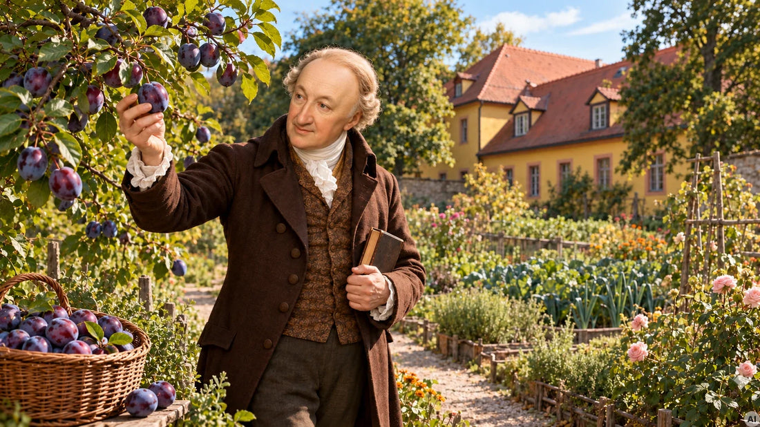 Christoph Martin Wieland in seinem Osmantinum bei Weimar – KI-Darstellung Pflaumenbaum
