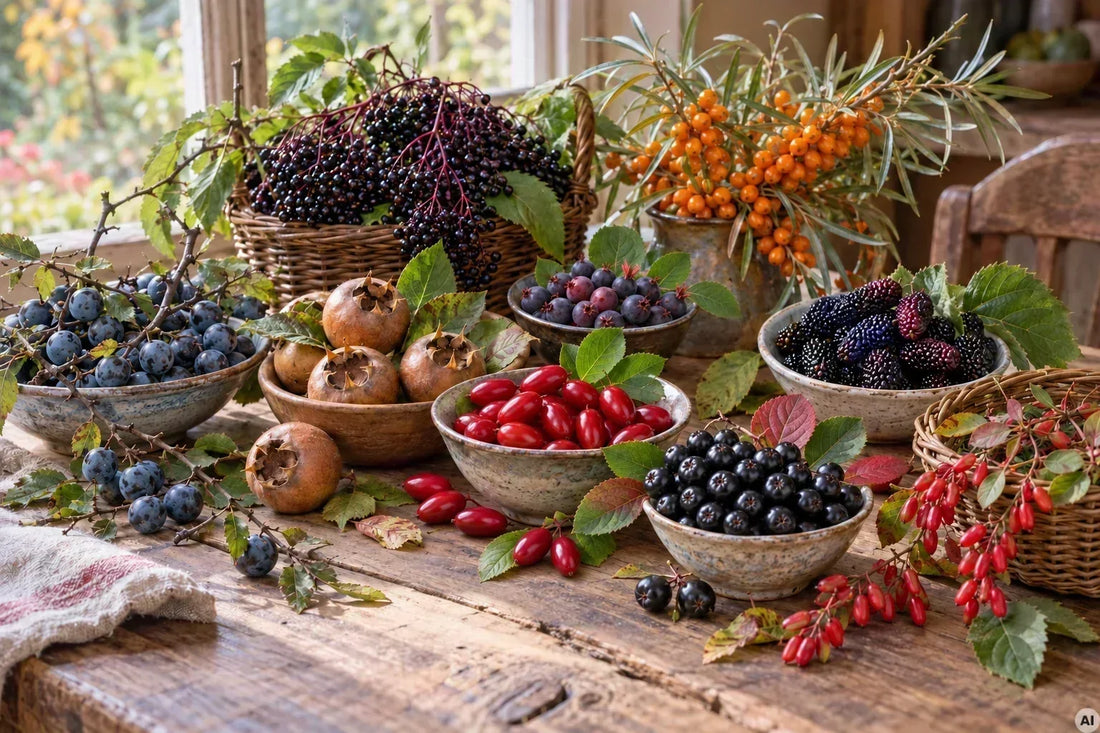 Schlehe, Kornelkirsche, Mispel, Holunderbeeren, Felsenbirne, Sanddorn, Maulbeere, Aroniabeeren, Berberitze