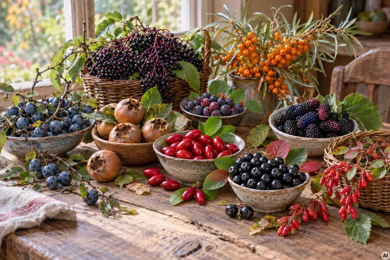 Schlehe, Kornelkirsche, Mispel, Holunderbeeren, Felsenbirne, Sanddorn, Maulbeere, Aroniabeeren, Berberitze