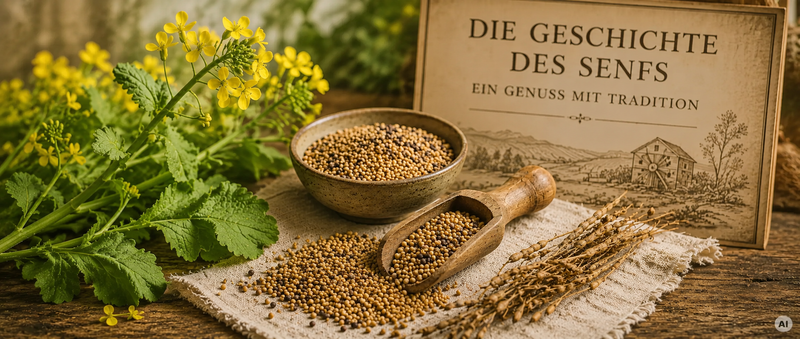 gelbe Senfkörner in Schüssel sowie Buch: Geschichte des Senfs (AI)