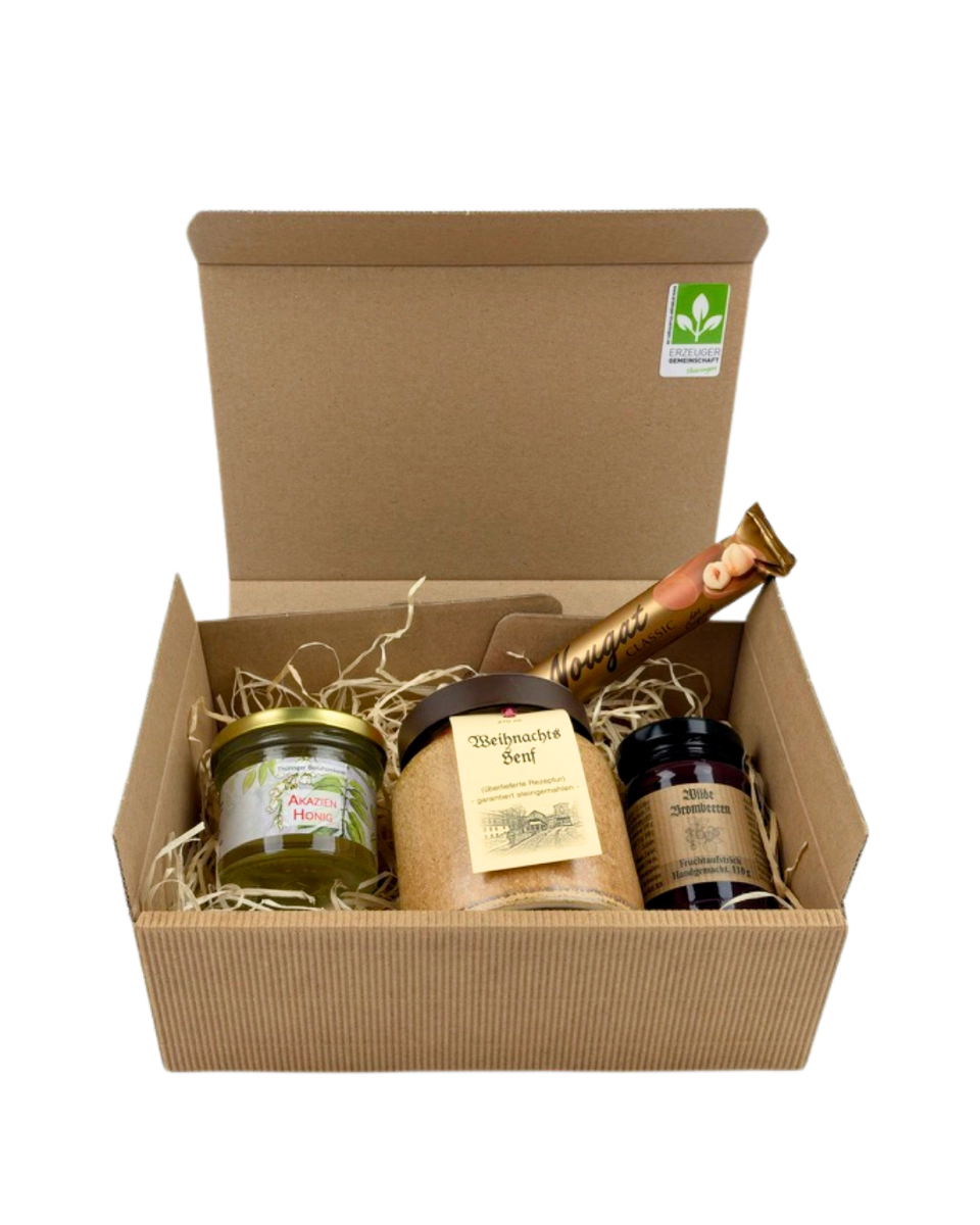 Geschenkpaket Akazienhonig, Weihnachtssenf, Wilde Brombeeren, Viba Classic Nougat Stange