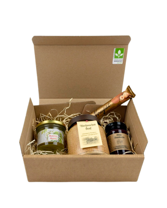 Geschenkpaket Akazienhonig, Weihnachtssenf, Wilde Brombeeren, Viba Classic Nougat Stange