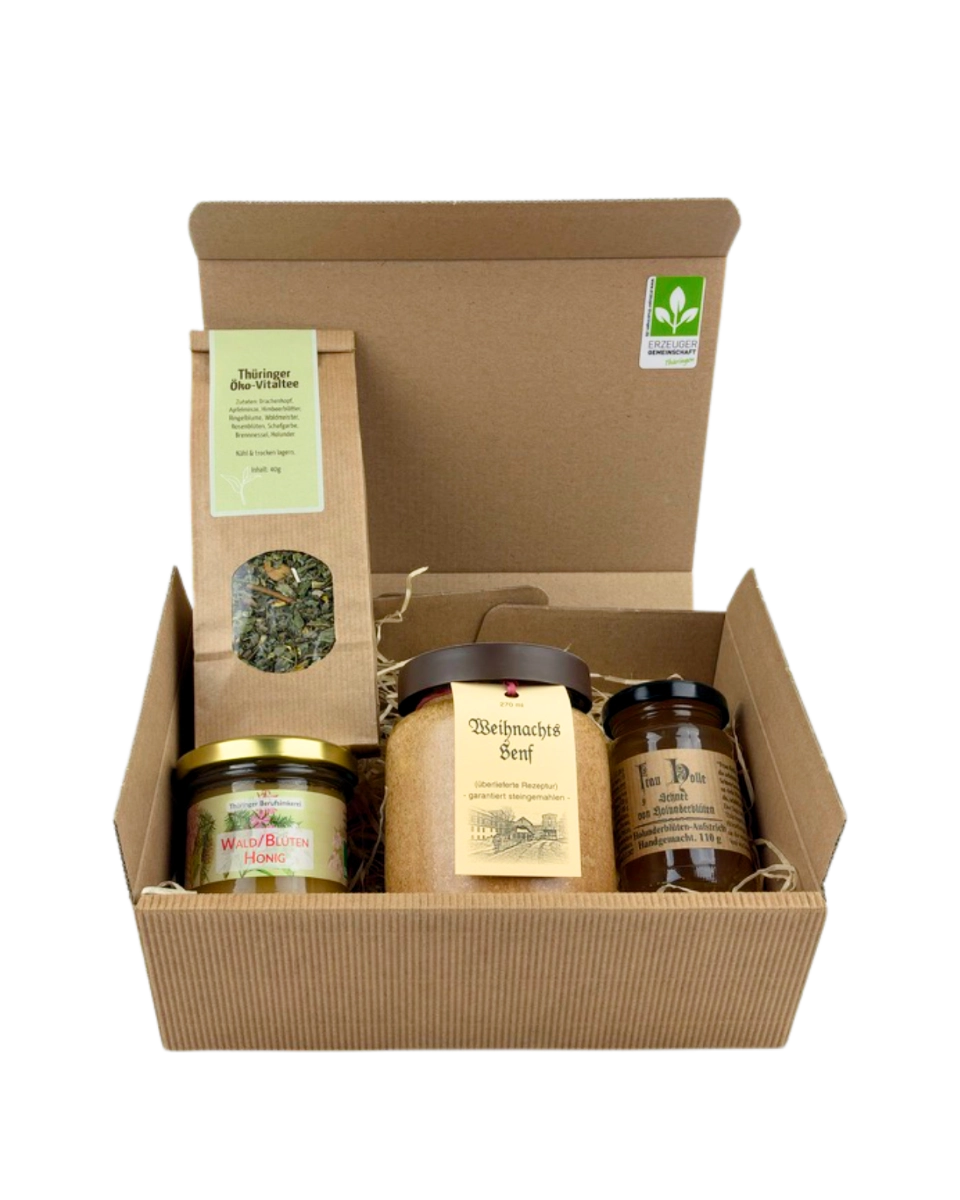 Geschenkpaket mit Frau Holle Holunderblütengelee, Weihnachtssenf, Wald/Blütenhonig 125 g, Thüringer Öko-Vitaltee