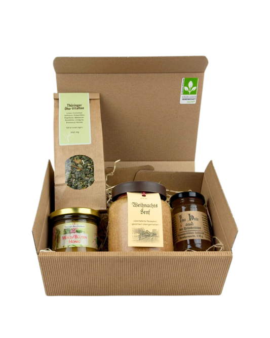 Geschenkpaket mit Frau Holle Holunderblütengelee, Weihnachtssenf, Wald/Blütenhonig 125 g, Thüringer Öko-Vitaltee