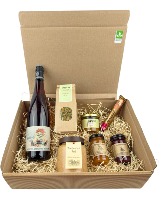 Geschenkpaket: Weihnachtssenf, Sanddorn mit Apelminze, Waldhonig, Aprikosen in Sekt, Kirschen für den König, Heitlinger Rohling, Viba Classic Nougatstange