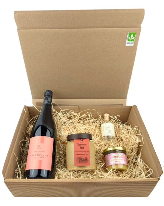 Geschenkpaket mit Heitlinger Pinot Meunier, Premiumsenf, Streuobstblütenhonig, Gin Stieno
