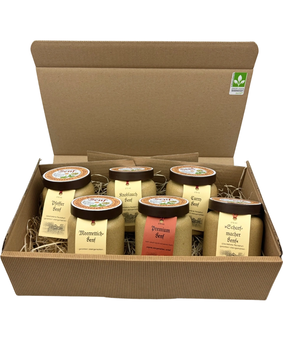 Scharfmacher-, Premium-, Curry-, Pfeffer-, Meerrettich-, Knoblauchsenf im Geschenkpaket