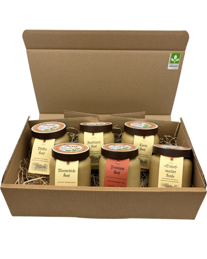 Scharfmacher-, Premium-, Curry-, Pfeffer-, Meerrettich-, Knoblauchsenf im Geschenkpaket