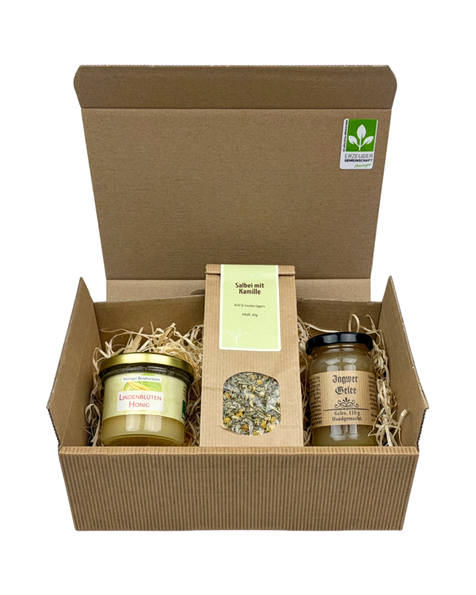 Geschenkpaket Gute Besserung mit Lindenblütenhonig, Ingwer Gelee, Tee Salbei mit Kamille