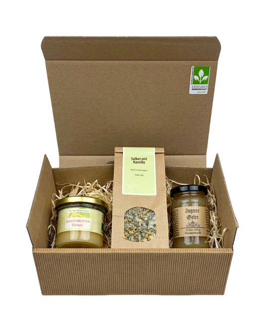 Geschenkpaket Gute Besserung mit Lindenblütenhonig, Ingwer Gelee, Tee Salbei mit Kamille