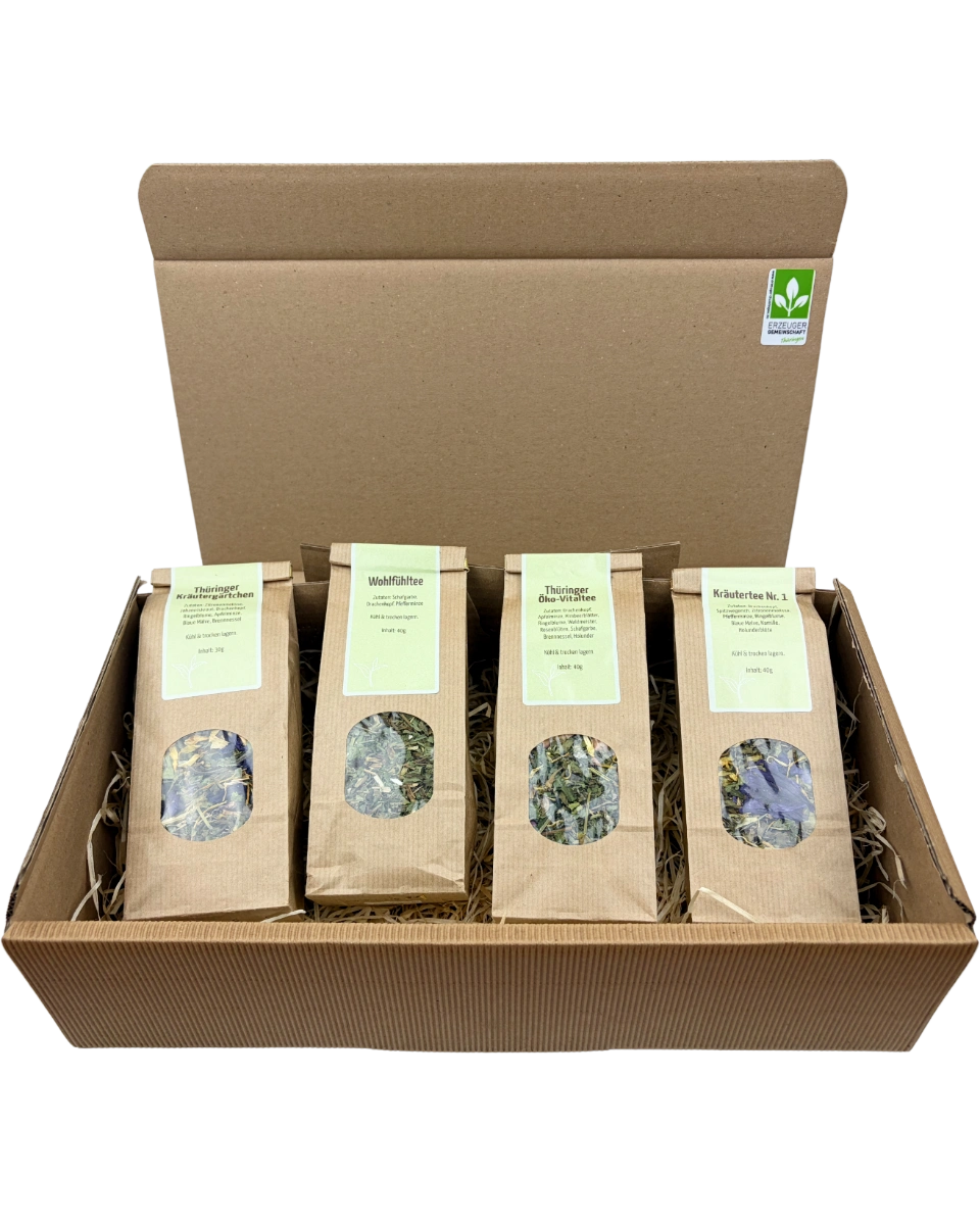 4 Teesorten im Geschenkpaket: Thüringer Kräutergärtchen, Thüringer Öko-Vitaltee, Kräutertee Nr. 1 und Wohlfühltee
