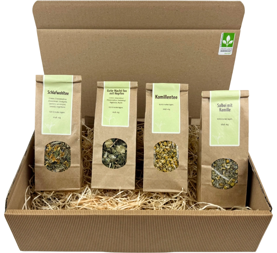 Geschenkpaket 4 x Tee: Schlafwohltee, Gute Nacht Tee mit Hopfen, Kamillentee, Salbei mit Kamille