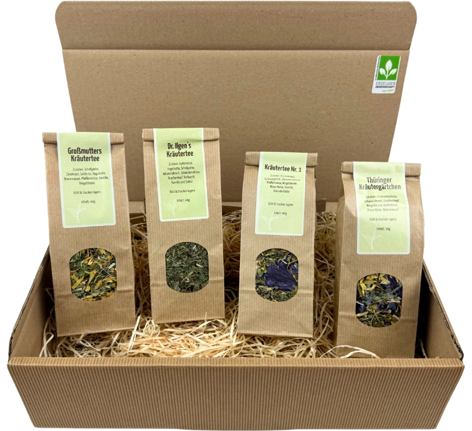 Geschenkpaket 4 x Tee: Großmutters Kräutertee, Dr. Ilgen's Kräutertee, Kräutertee Nr. 1, Thüringer Kräutergärtchen