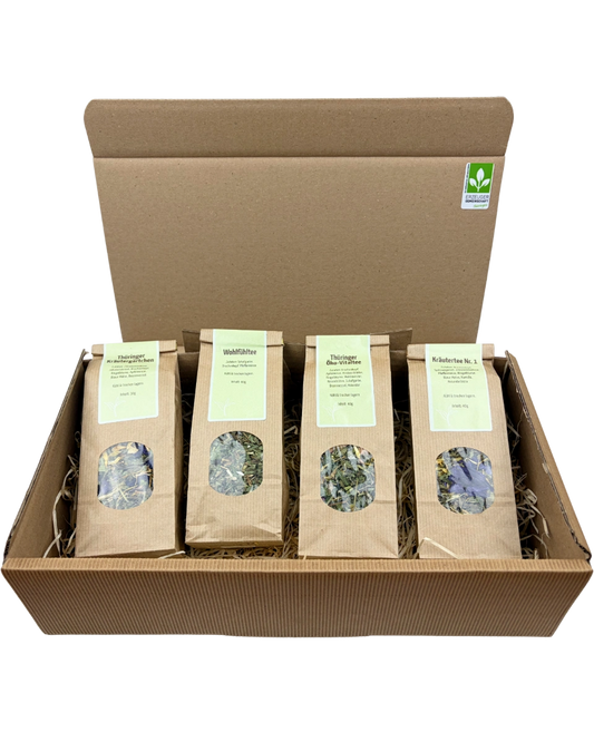 Geschenkpaket 4 x Tee: Kräutergärtchen, Wohlfühltee, Öko Vitale, Kräutertee Nr. 1