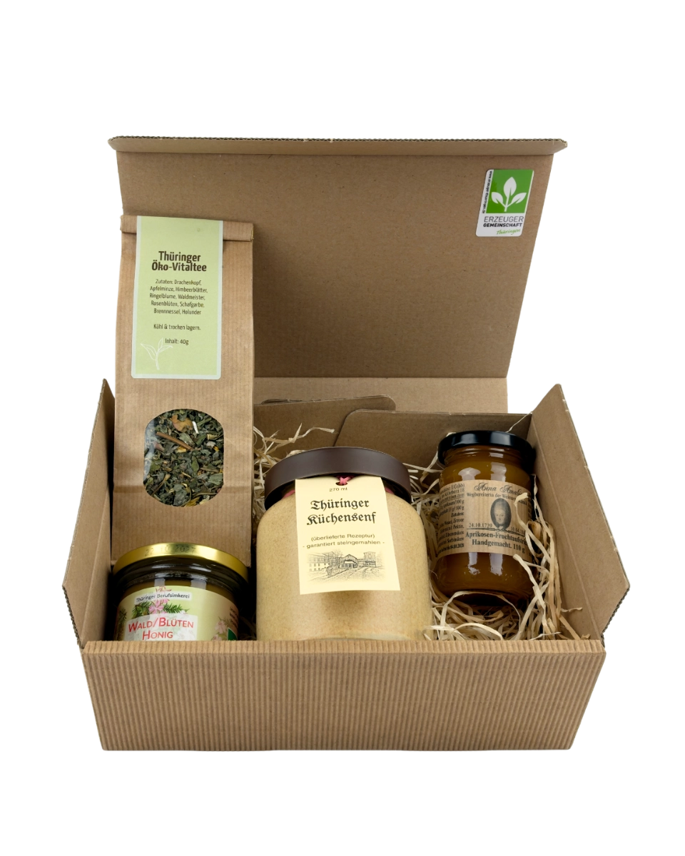 Geschenkpaket mit Thüringer Öko-Vitaltee, Wald/ Blütenhonig, Anna Amalia Aprikosen Fruchtaufstrich, Thüringer Küchensenf
