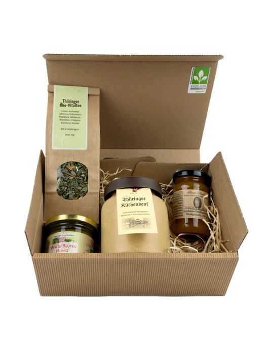 Geschenkpaket mit Thüringer Öko-Vitaltee, Wald/ Blütenhonig, Anna Amalia Aprikosen Fruchtaufstrich, Thüringer Küchensenf