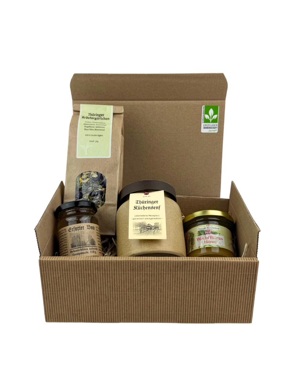 Kleine Thüringer Genussreise Geschenkpaket mit Fruchtaufstrich, Honig, Kräutertee und Küchensenf regionaler Manufakturen im Präsentkarton mit Holzwolle