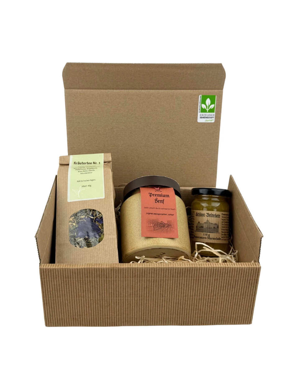 Thüringer Geschenkset mit Premiumsenf der Senfmühle Kleinhettstedt, Kräutertee  Nr. 1 Thüringer Tee- und Kräutermanufaktur und "Schloss Belvedere" Pomeranzen Marmelade von Kulinarische Zeitreisen  in Geschenkverpackung