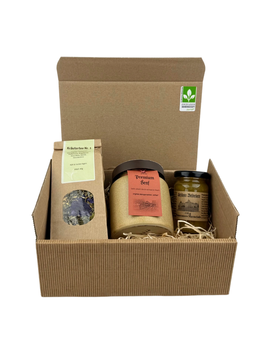 Thüringer Geschenkset mit Premiumsenf der Senfmühle Kleinhettstedt, Kräutertee  Nr. 1 Thüringer Tee- und Kräutermanufaktur und "Schloss Belvedere" Pomeranzen Marmelade von Kulinarische Zeitreisen  in Geschenkverpackung