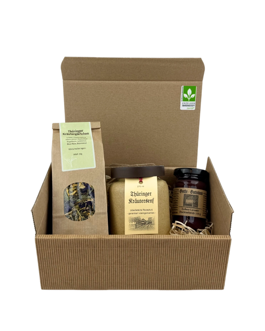Geschenkset "Goethe Gartenhaus" mit Thüringer Kräutergärtchen Tee, Thüringer Kräutersenf und Erdbeer-Lavendel Fruchtaufstrich